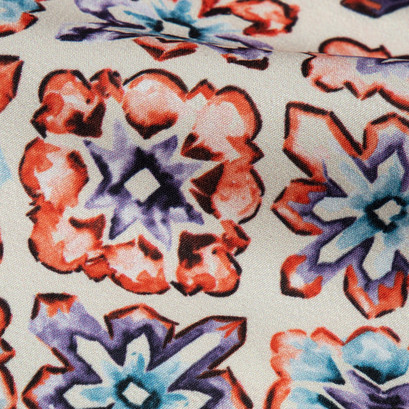 Cream And Red Floral Digital Print American Crepe Fabric - Fabcurate