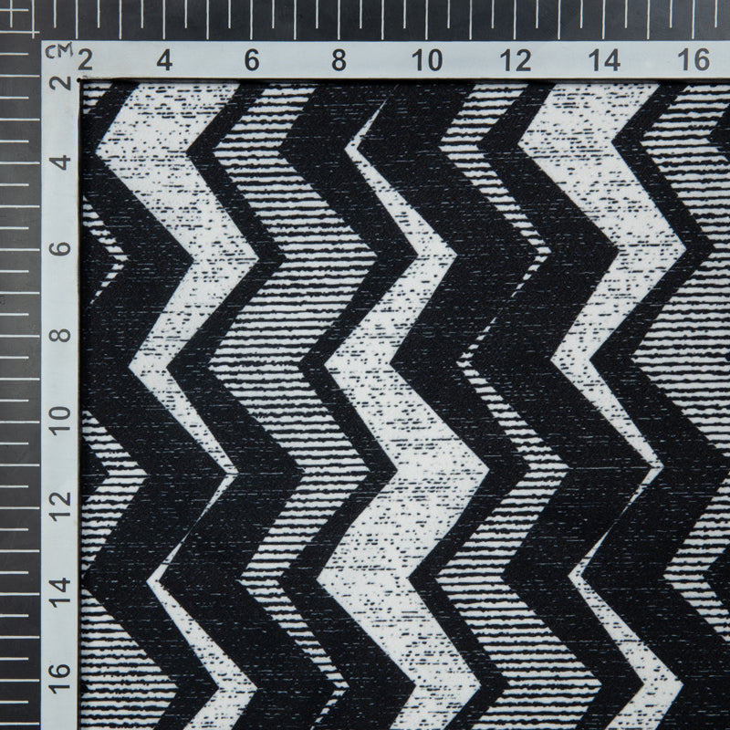 White And Black Chevron Digital Print American Crepe Fabric - Fabcurate