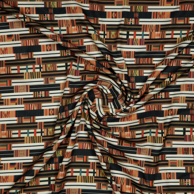 Black And Beige Geometrical Digital Print American Crepe Fabric - Fabcurate