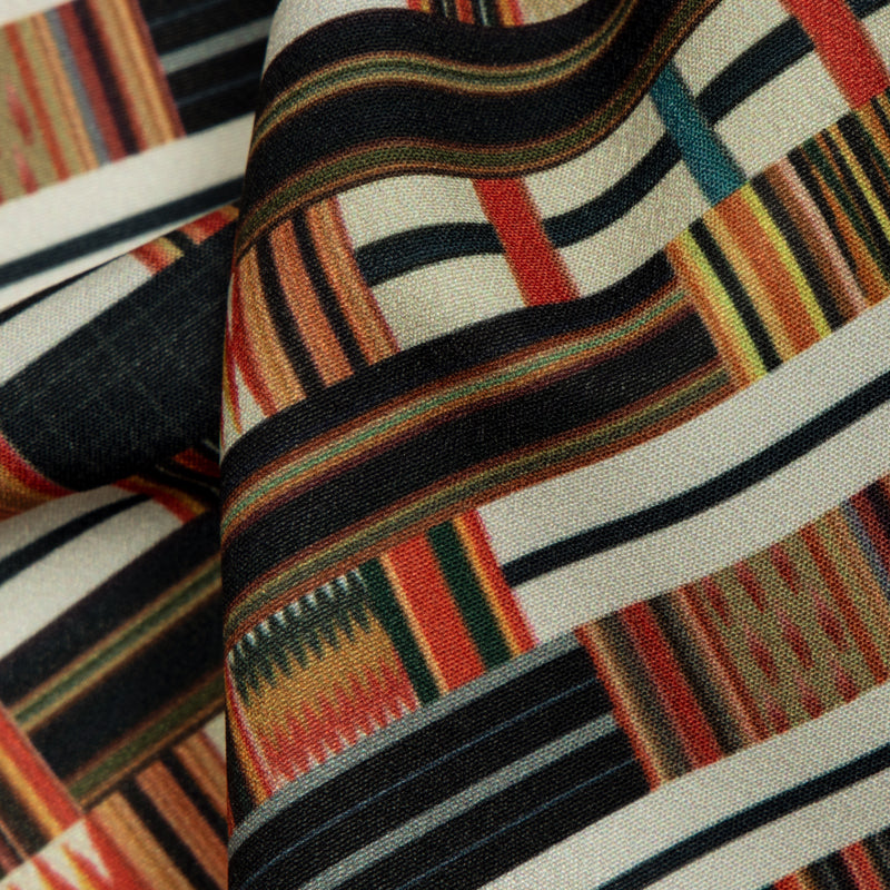 Black And Beige Geometrical Digital Print American Crepe Fabric - Fabcurate