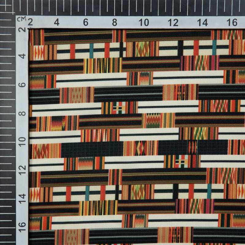 Black And Beige Geometrical Digital Print American Crepe Fabric - Fabcurate