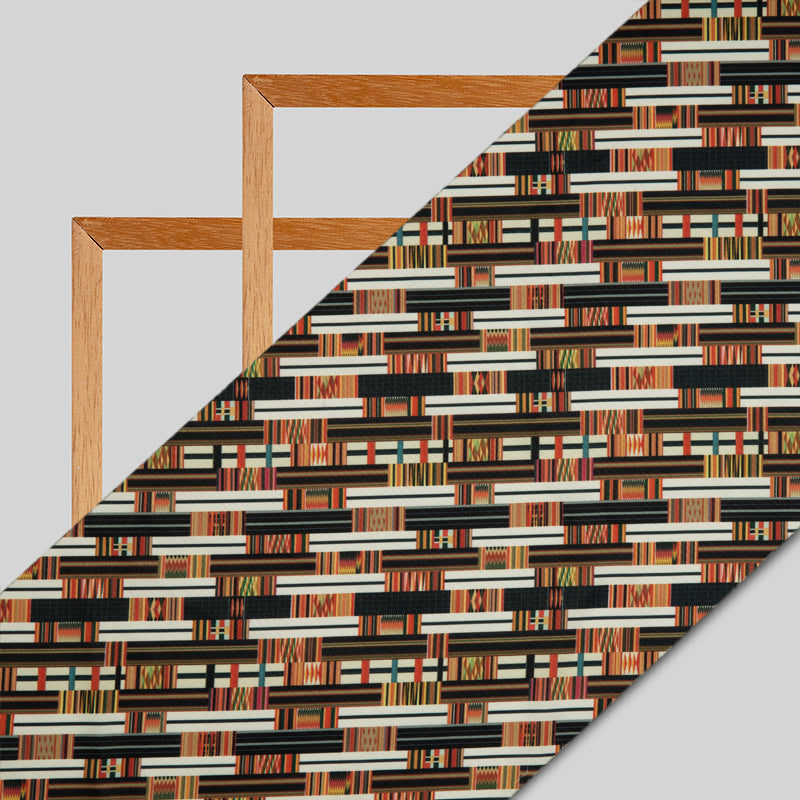Black And Beige Geometrical Digital Print American Crepe Fabric - Fabcurate