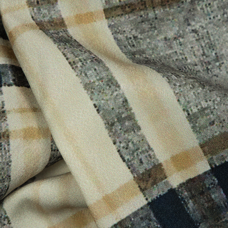 Light Beige Checks Digital Print American Crepe Fabric - Fabcurate