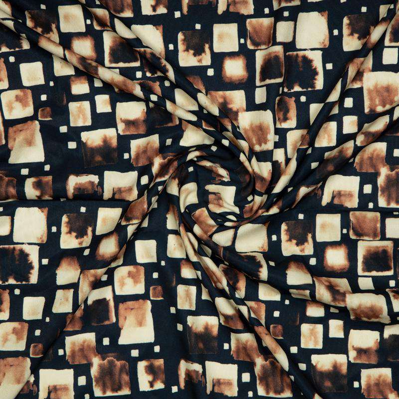 Navy Blue Geometrical Digital Print American Crepe Fabric - Fabcurate