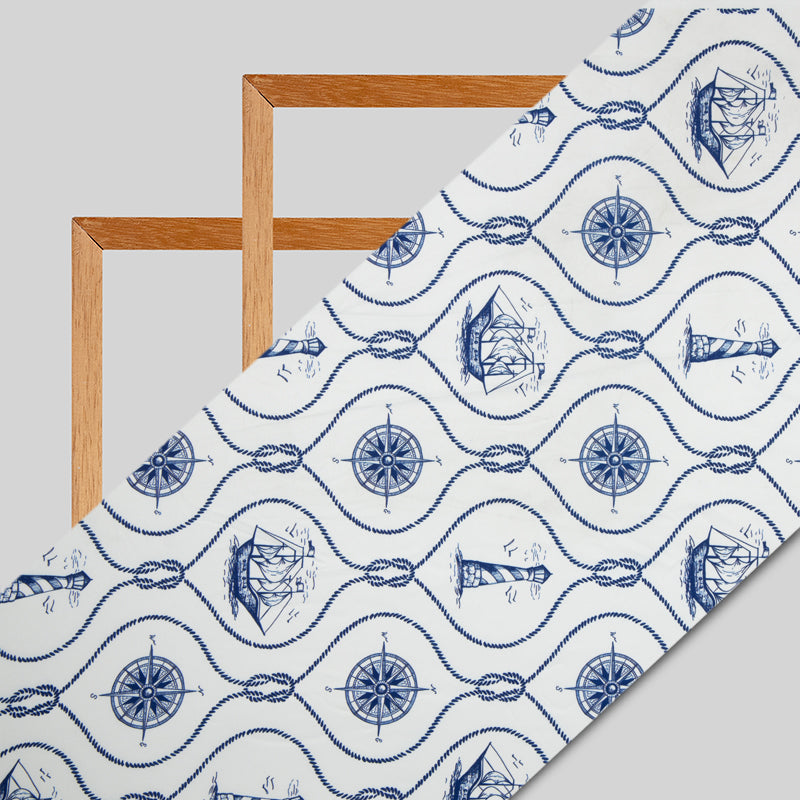 Royal Blue Object Digital Print American Crepe Fabric - Fabcurate
