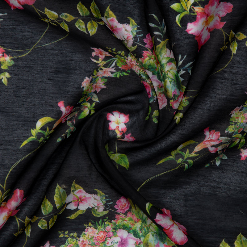 Black Floral Digital Print Chanderi Fabric - Fabcurate