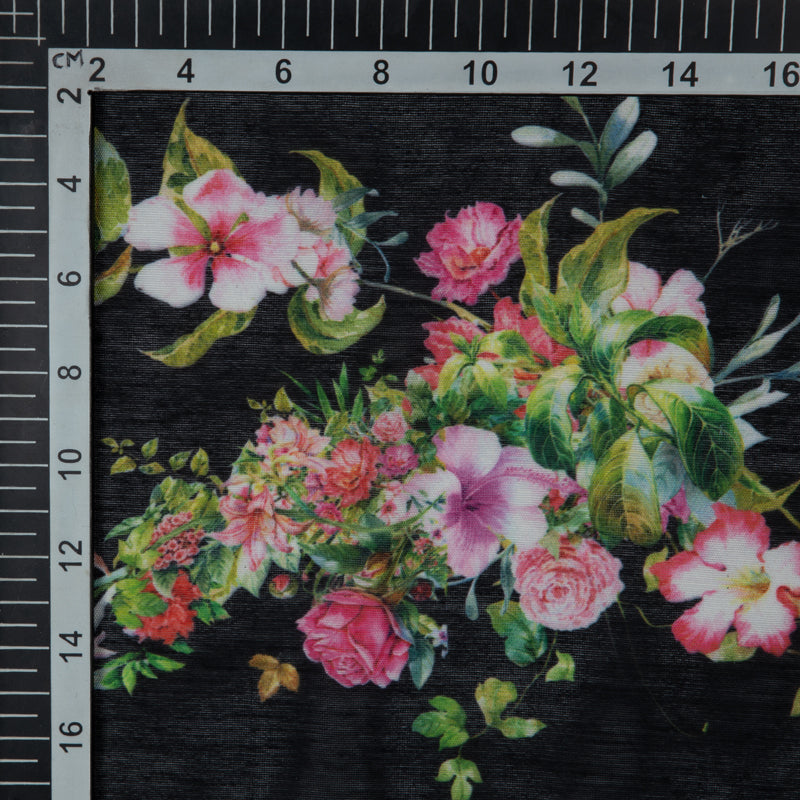 Black Floral Digital Print Chanderi Fabric - Fabcurate
