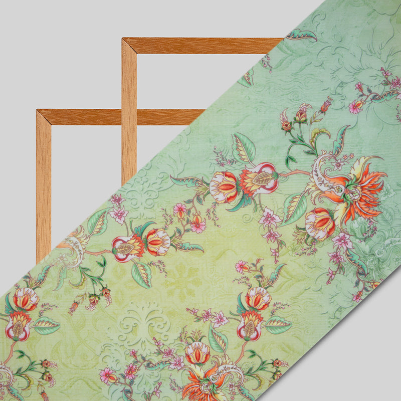 Olive Floral Digital Print Chanderi Fabric - Fabcurate