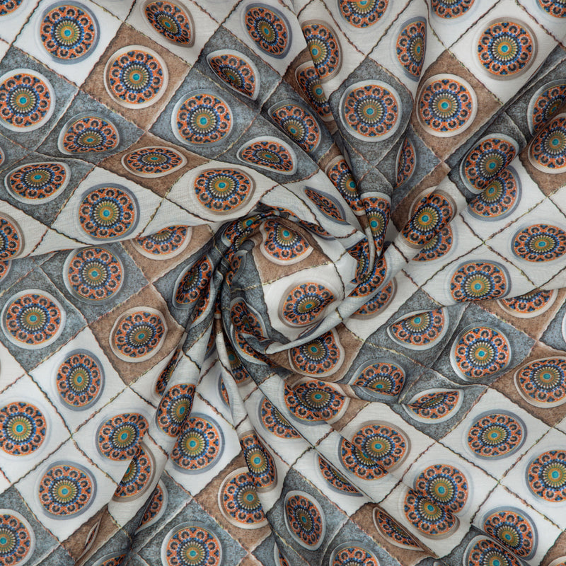 Dark Grey Ethnic Digital Print Chanderi Fabric - Fabcurate