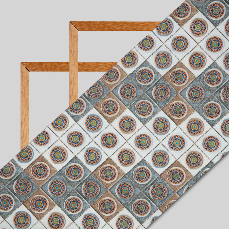 Dark Grey Ethnic Digital Print Chanderi Fabric - Fabcurate
