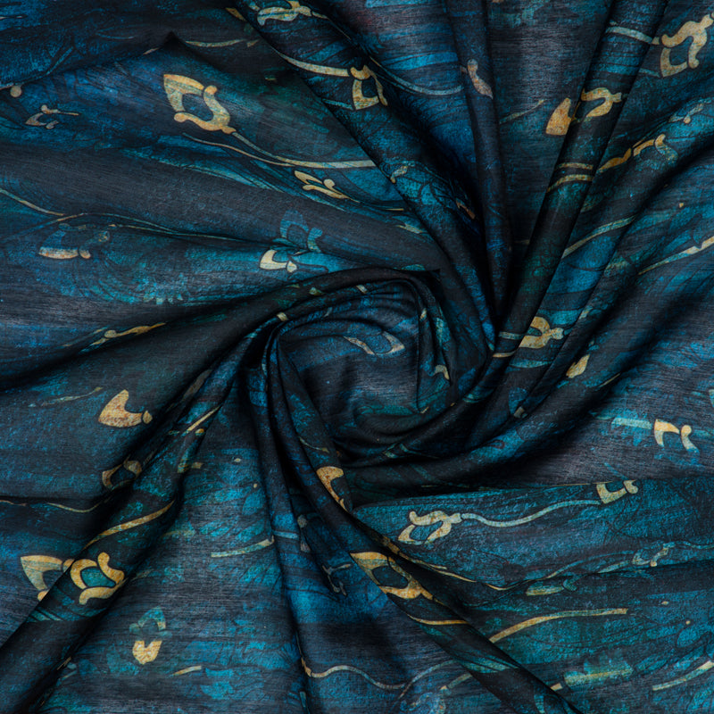 Dark Blue Floral Digital Print Chanderi Fabric - Fabcurate