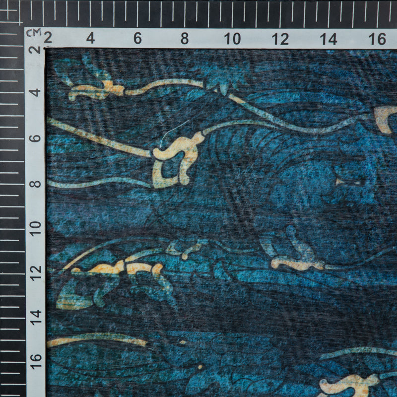 Dark Blue Floral Digital Print Chanderi Fabric - Fabcurate