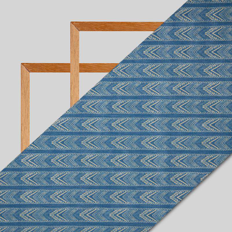 Pastel Blue Chevron Digital Print Chanderi Fabric - Fabcurate