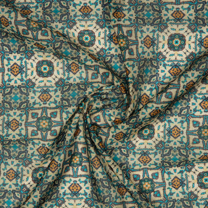 Beige Ethnic Digital Print Chanderi Fabric - Fabcurate