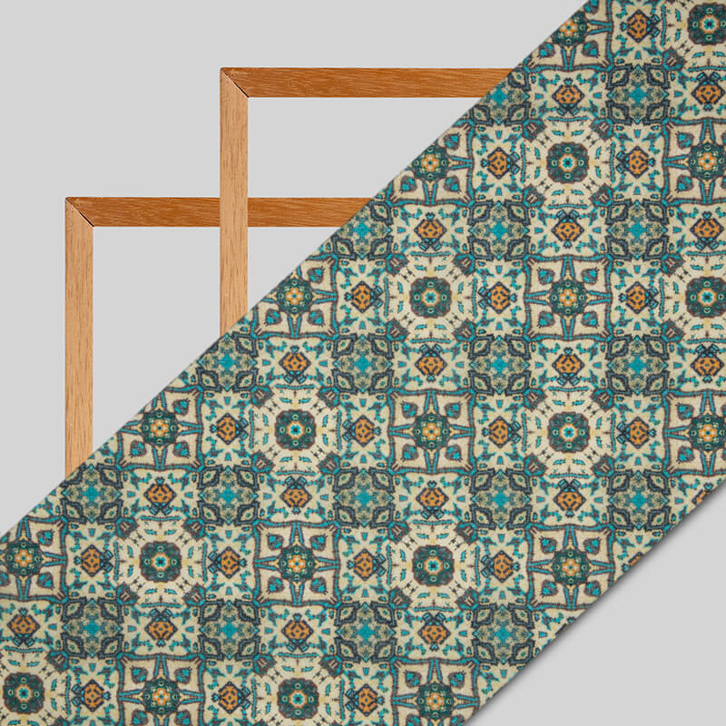 Beige Ethnic Digital Print Chanderi Fabric - Fabcurate