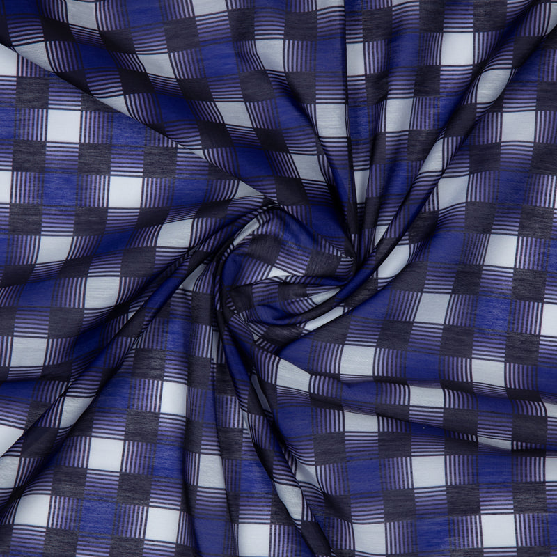 Royal Blue Checks Digital Print Chanderi Fabric - Fabcurate
