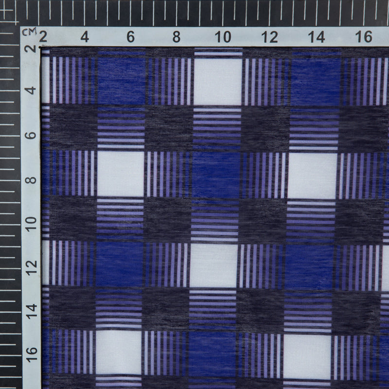 Royal Blue Checks Digital Print Chanderi Fabric - Fabcurate