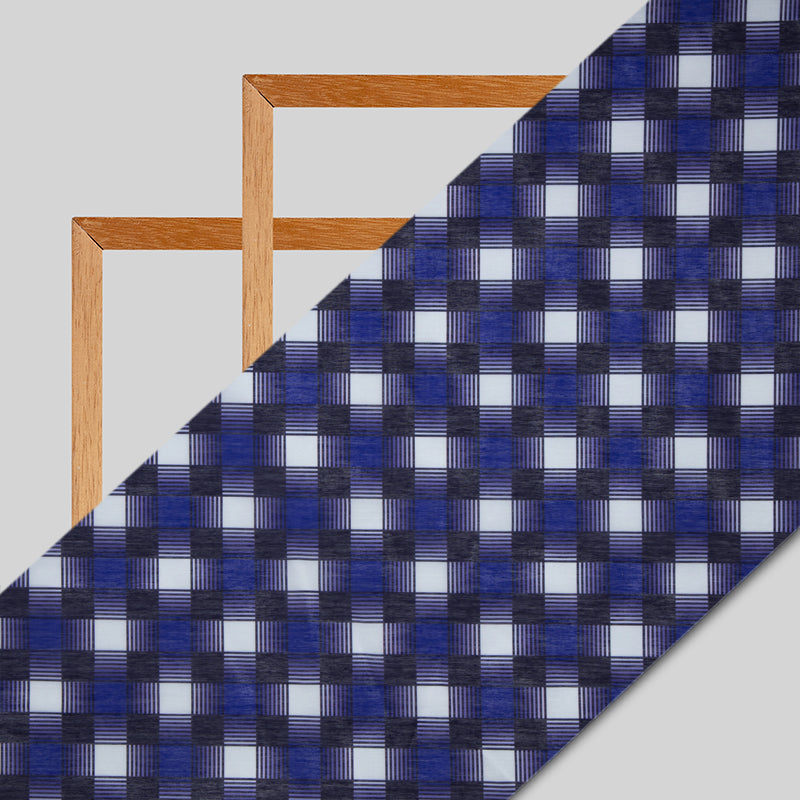 Royal Blue Checks Digital Print Chanderi Fabric - Fabcurate