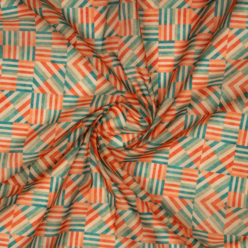 Pastel Orange Stripes Digital Print Chanderi Fabric - Fabcurate