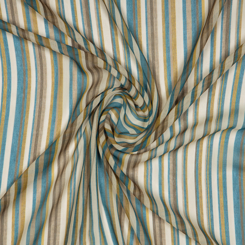 Beige Blue Stripes Digital Print Georgette Fabric