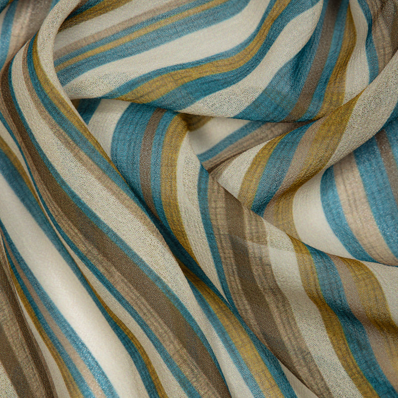 Beige Blue Stripes Digital Print Georgette Fabric