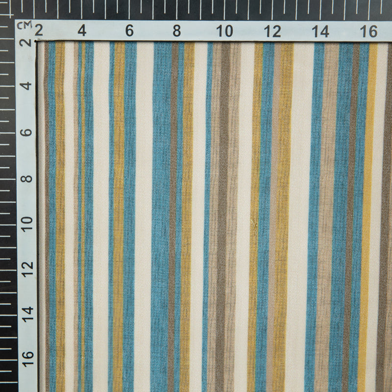 Beige Blue Stripes Digital Print Georgette Fabric