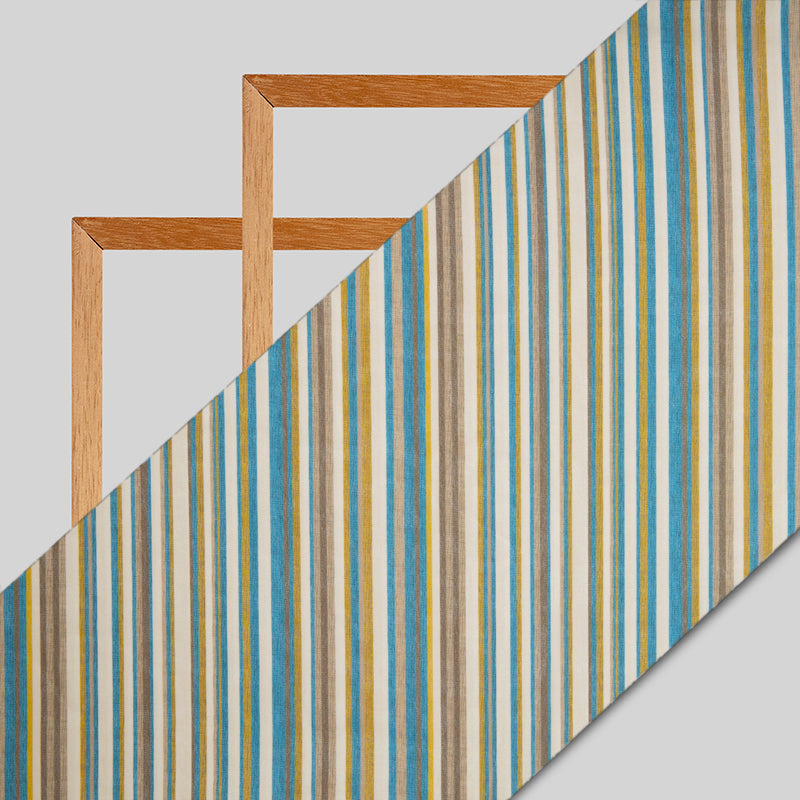Beige Blue Stripes Digital Print Georgette Fabric