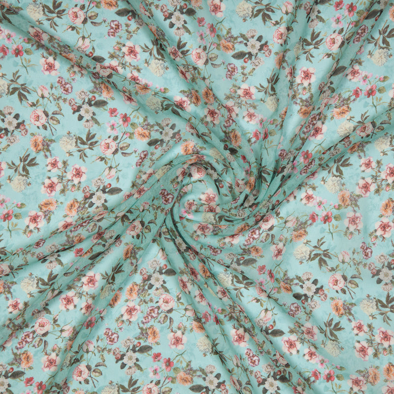 Teal Floral Digital Print Georgette Fabric