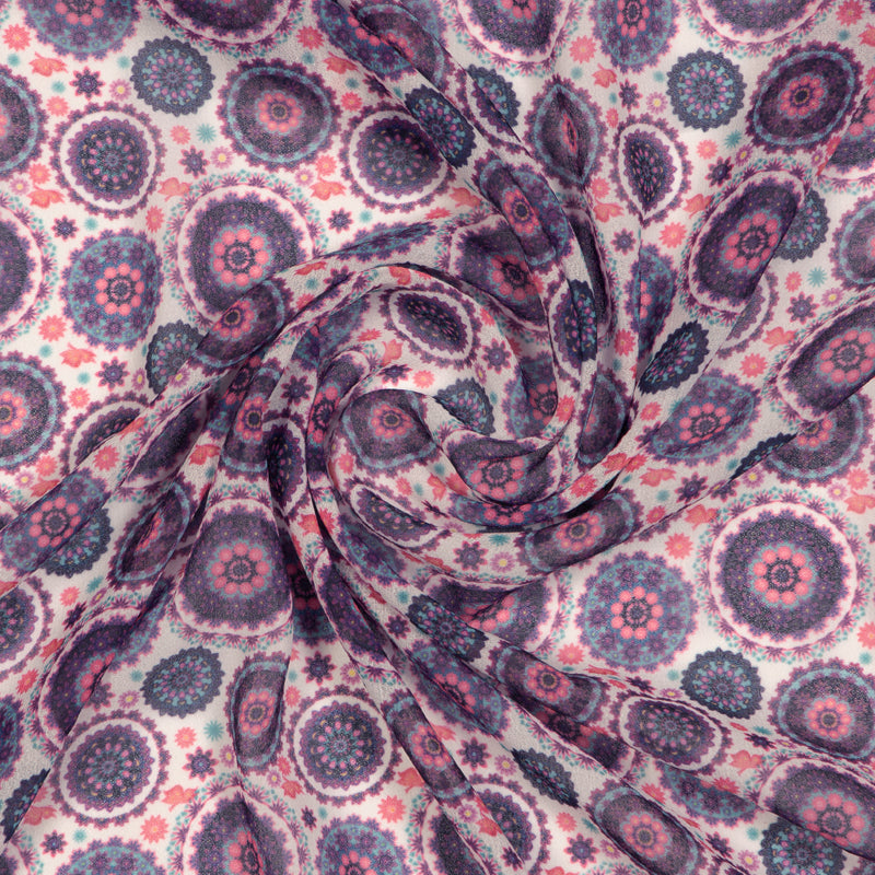 White And Purple Geometric Digital Print Georgette Fabric