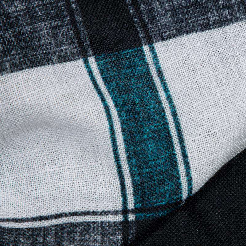 Black And Teal Checks Digital Print Linen-Textured Fabric - Fabcurate