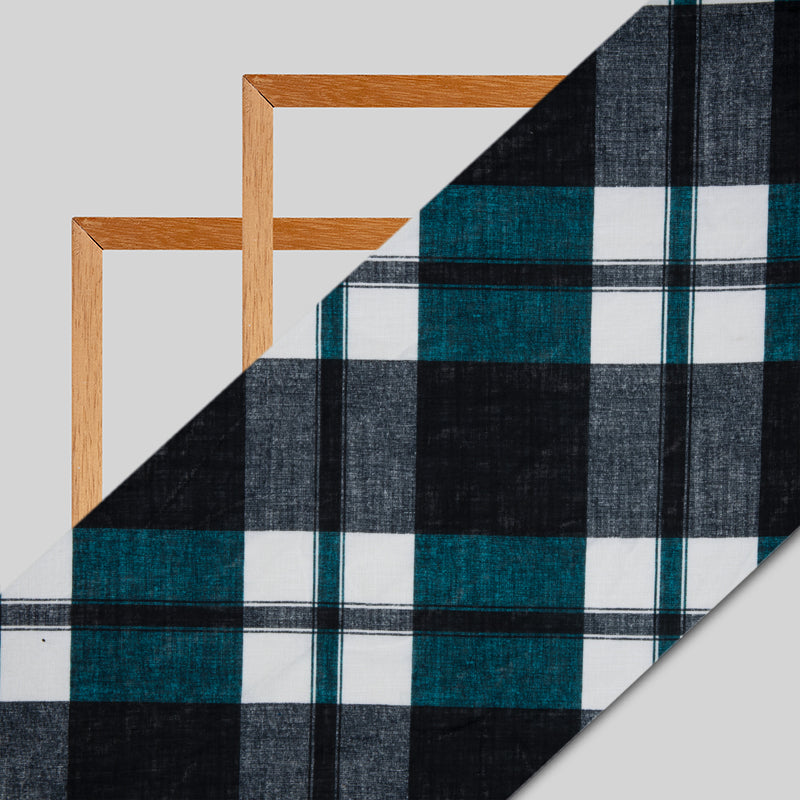 Black And Teal Checks Digital Print Linen-Textured Fabric - Fabcurate