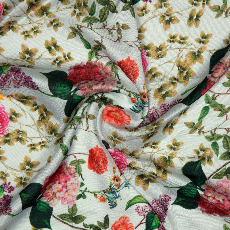 White Floral Digital Print Modal Satin Fabric - Fabcurate