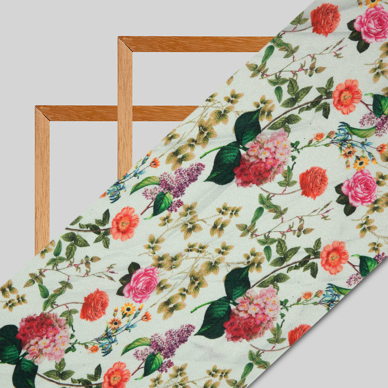 White Floral Digital Print Modal Satin Fabric - Fabcurate