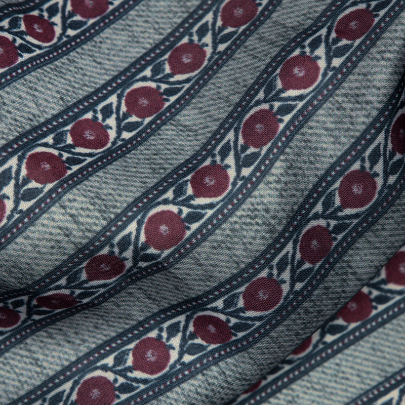 Grey And Burgundy Floral Stripes Digital Print Modal Satin Fabric - Fabcurate