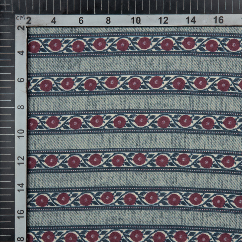 Grey And Burgundy Floral Stripes Digital Print Modal Satin Fabric - Fabcurate