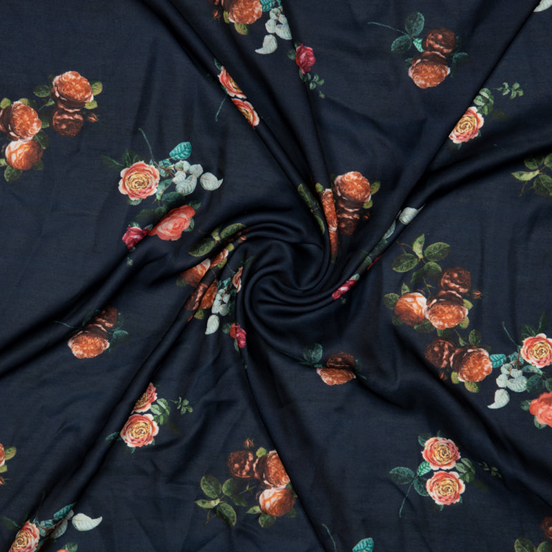 Navy Blue Floral Digital Print Modal Satin Fabric - Fabcurate