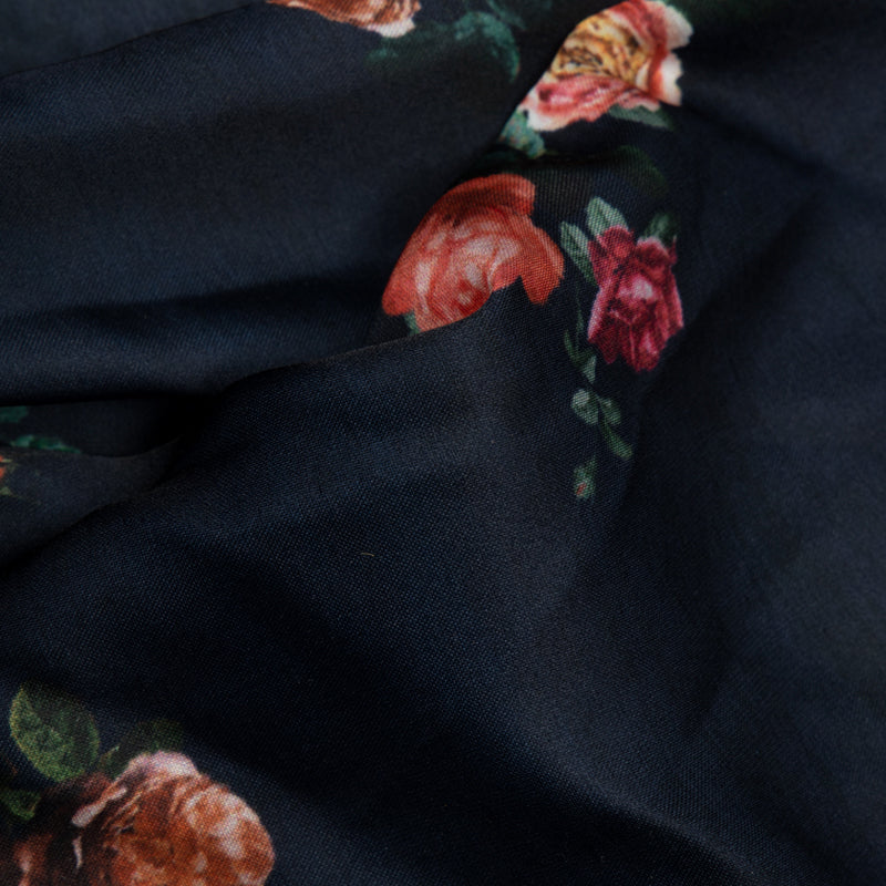 Navy Blue Floral Digital Print Modal Satin Fabric - Fabcurate