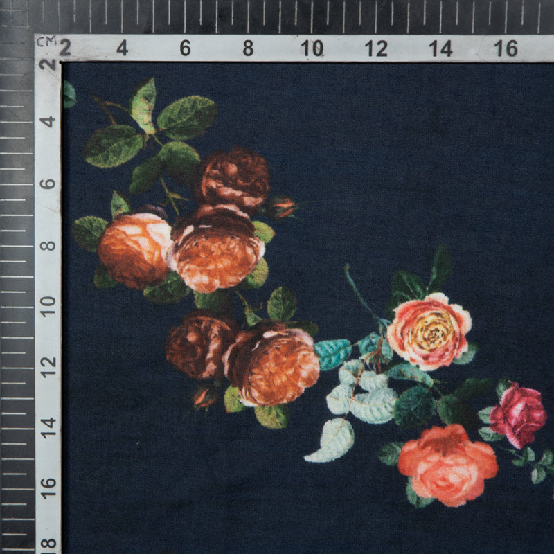 Navy Blue Floral Digital Print Modal Satin Fabric - Fabcurate