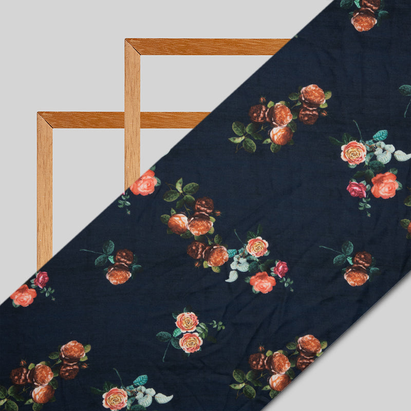 Navy Blue Floral Digital Print Modal Satin Fabric - Fabcurate