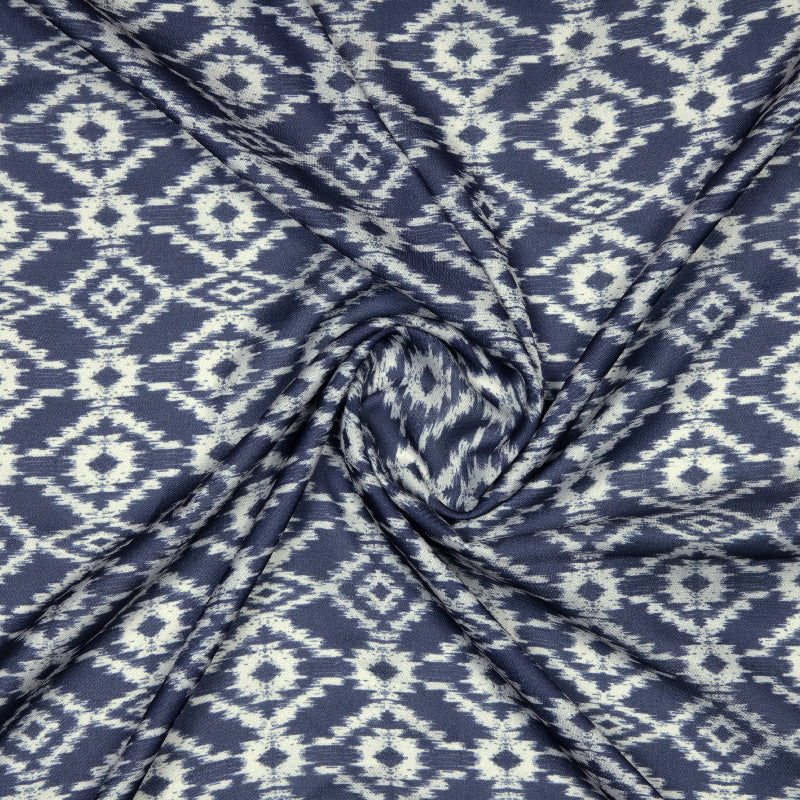 Navy Blue And White Ikat Pattern Digital Print Modal Satin Fabric - Fabcurate