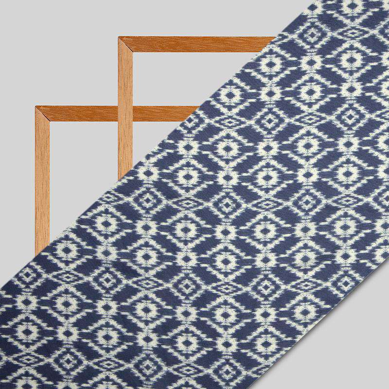 Navy Blue And White Ikat Pattern Digital Print Modal Satin Fabric - Fabcurate