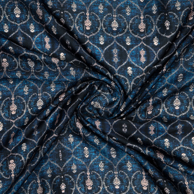 Navy Blue Ethnic Digital Print Modal Satin Fabric - Fabcurate