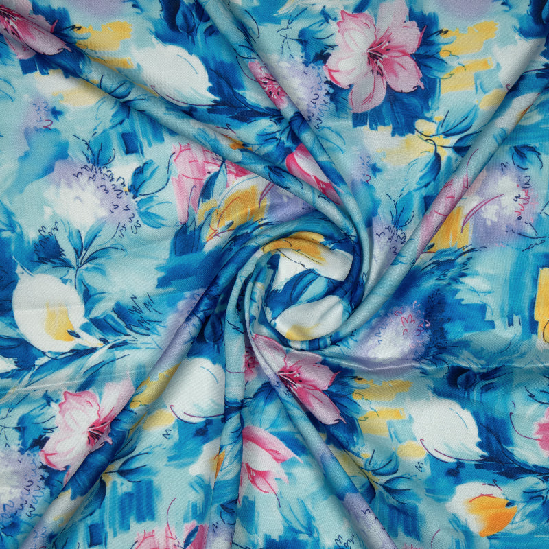 Blue And Pink Abstract Digital Print Modal Satin Fabric - Fabcurate