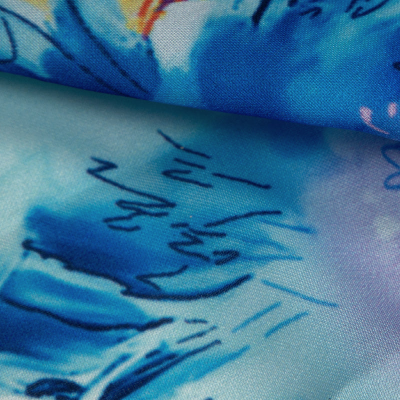Blue And Pink Abstract Digital Print Modal Satin Fabric - Fabcurate