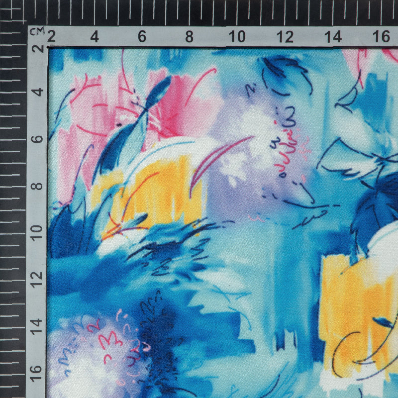 Blue And Pink Abstract Digital Print Modal Satin Fabric - Fabcurate