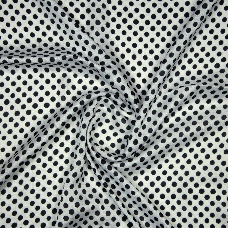 White And Black Polka Dots Digital Print Modal Satin Fabric - Fabcurate