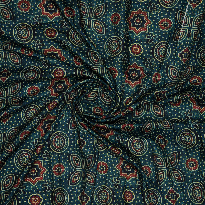 Dark Green Ethnic Digital Print Muslin Fabric - Fabcurate