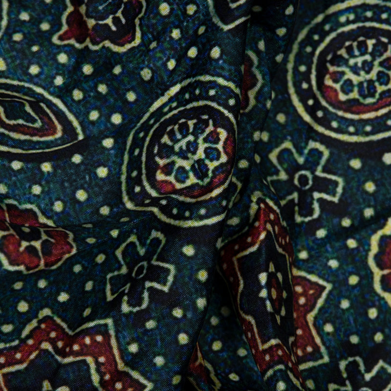 Dark Green Ethnic Digital Print Muslin Fabric - Fabcurate