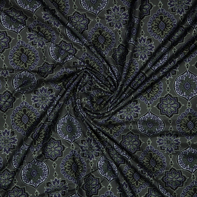 Dark Grey Ethnic Digital Print Muslin Fabric - Fabcurate