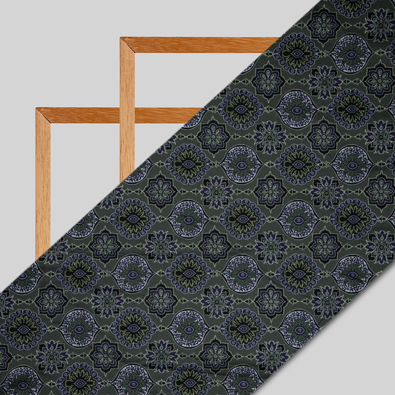 Dark Grey Ethnic Digital Print Muslin Fabric - Fabcurate